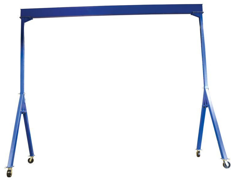AHS-8-20-16_A.jpg The Vestil Adj Height Steel Gantry Crane 8K 20 X 16 showcases a blue horizontal beam on two angled wheeled legs for optimal mobility, set against a plain white background.