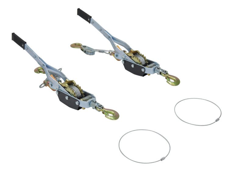 Two metal hand winch pullers, similar to the Vestil Steel Gantry Crane Come-A-Long Adj Kit, have precise gears and sturdy hooks. Each includes a steel cable loop, with a design featuring silver metal and brass accents, plus black handles for a firm grip.
