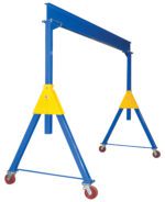 The mobile blue and yellow Vestil Knock-Down Adj Steel Gantry 10K 15 X 10 boasts four red caster wheels and a horizontal beam supported by two adjustable triangular frames, ideal for effortlessly lifting and moving heavy loads.