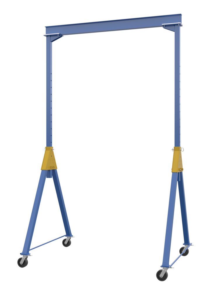 The blue and yellow Vestil Knock-Down Adj Steel Gantry 6K 10 X 16 is a portable crane with four wheels, adjustable vertical legs, and a sturdy horizontal beam, ideal for lifting and moving heavy loads efficiently.