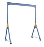 The Vestil Knock-Down Adj Steel Gantry 6K 15 X 16 features a blue beam, A-frame legs with yellow mid-sections, and wheels for easy mobility. Its adjustable height design provides versatility for various tasks within dimensions up to 15 X 16 feet.
