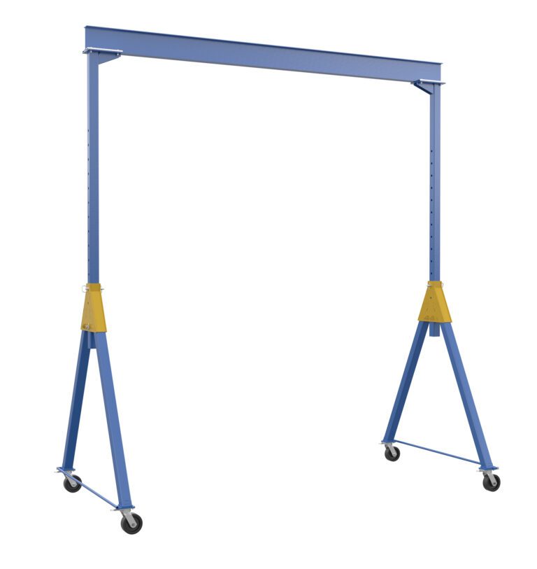 The Vestil Knock-Down Adj Steel Gantry 6K 15 X 16 features a blue beam, A-frame legs with yellow mid-sections, and wheels for easy mobility. Its adjustable height design provides versatility for various tasks within dimensions up to 15 X 16 feet.