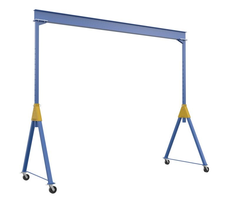 AHSN-6-20-16_A.jpg The blue Vestil Knock-Down Adj Steel Gantry 6K 20 X 16 crane with yellow accents has four wheels for mobility. Its design includes a horizontal beam supported by two adjustable vertical beams, facilitating easy positioning and movement.