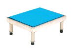 The Vestil Adj Alum Stand 9.5-15.5 H 19 X 24 is a metallic platform with screw-adjustable legs and a non-slip blue top, ideal for stability and customization in various settings.