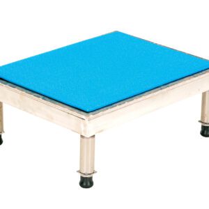 The Vestil Adj Alum Stand 9.5-15.5 H 19 X 24 is a metallic platform with screw-adjustable legs and a non-slip blue top, ideal for stability and customization in various settings.