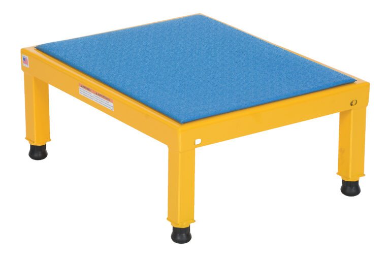 AHT-H-1924_A.jpg The Vestil Adj Steel Stand is a durable, yellow metal step stool with a blue non-slip top and black rubber feet, providing stability and safety. Its square-shaped and has adjustable heights of 10.5 to 16.5 inches on a 19 x 24-inch platform.