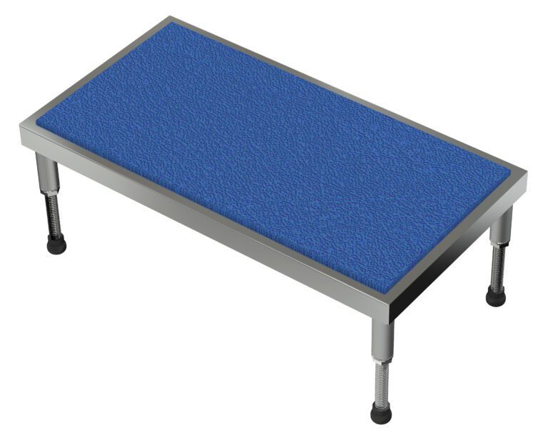 AHT-H-1936-A_A.jpg The Vestil Adj Alum Stand 9.5-15.5 H 19 X 36 has a blue textured metal platform with four adjustable legs, each featuring a black rubber foot for added stability and support.