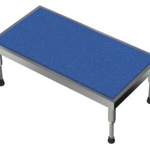 The Vestil Adj Alum Stand 9.5-15.5 H 19 X 36 has a blue textured metal platform with four adjustable legs, each featuring a black rubber foot for added stability and support.