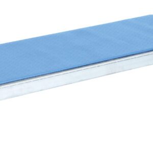 A rectangular metallic grooming table with a blue padded top, four adjustable legs like the Vestil Adj Alum Stand 9.5-15.5 H 19 X 48, each equipped with non-slip rubber feet for stability.