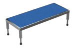 The Vestil Adj Ss Stand, measuring 10.5-16.5 H by 19W X 48L, is a rectangular exercise platform with a blue textured surface, adjustable metal legs, and black rubber feet for stability and customization.