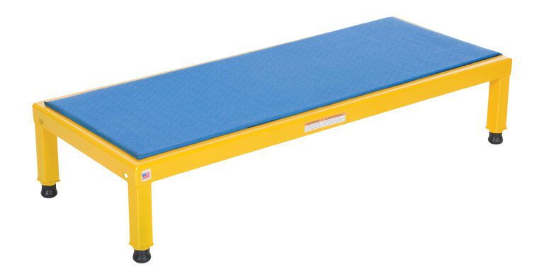 A rectangular, yellow step stool with a blue non-slip surface offers stability like the Vestil Adj Steel Stand 10.5-16.5 H 19 X 48. Its four legs feature black rubber feet, providing reliable support for any task.