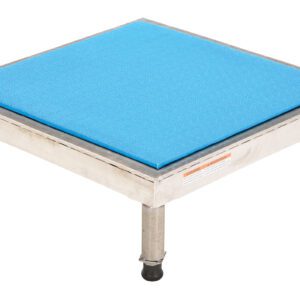 A small metal platform with four legs and a blue square cushioned top, similar to the Vestil Adj Alum Stand 9.5-15.5 H 24 X 24. The legs feature black rubber caps, edges are reinforced, and its functional design includes a label on the side, adjustable between 9.5-15.5 inches in height.