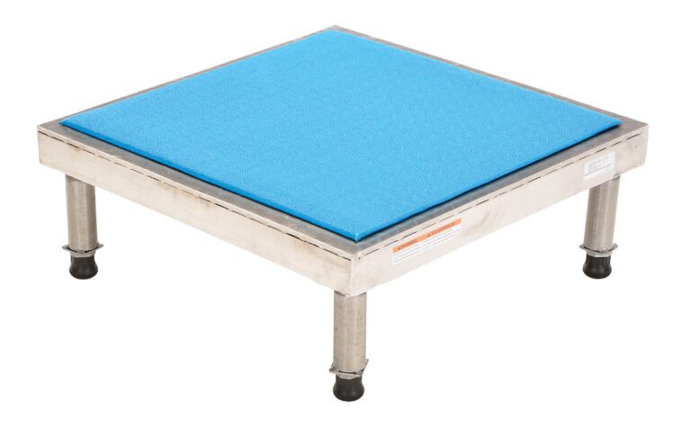 AHT-H-2424-SS_A.jpg This square stool, similar to the Vestil Adj Ss Stand 10.5-16.5 H 24W X 24L, features a durable metallic frame, rubber-tipped legs for stability, and a blue cushioned seat, making it perfect for adjustable heights ranging from 10.5 to 16.5 inches with dimensions of 24W x 24L.