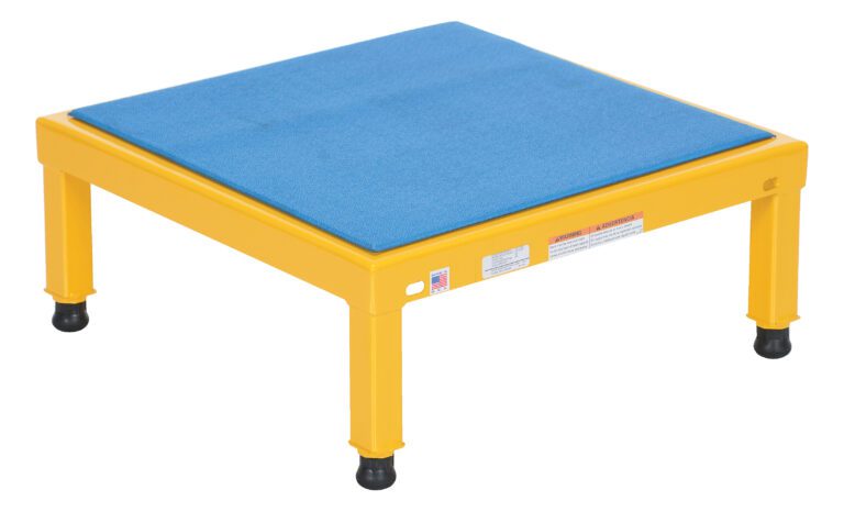 AHT-H-2424_A.jpg A small yellow square step stool featuring a sturdy blue non-slip surface on top, akin to the stability of the Vestil Adj Steel Stand 10.5-16.5 H 24 X 24. It includes four legs with black rubber feet for safety, making it compact yet robust and suitable for various uses.