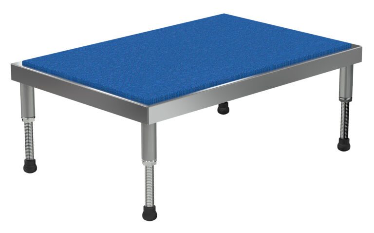 The Vestil Adj Alum Stand 9.5-15.5 H 24 X 36 has a rectangular step stool design with a blue textured surface. It features four metal legs adjustable from 9.5 to 15.5 inches, each with a black rubber foot for stability, ensuring safety and flexibility in various settings.