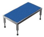 A 3D rendering of the Vestil Adj Ss Stand showcases its sturdy rectangular platform with a textured blue surface. Supported by adjustable legs with black round bases, its ideal for industrial or gym applications.