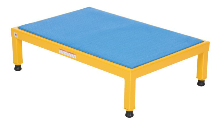 A yellow rectangular pet training platform with four legs and a blue textured top, echoing the practicality and adjustability of the Vestil Adj Steel Stand 10.5-16.5 H 24 X 36, ideal for versatile pet routines.