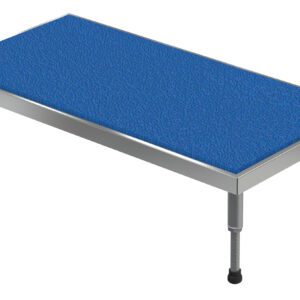 The Vestil Adj Alum Stand 9.5-15.5 H 24 X 48 boasts a robust metal table, textured blue mat, adjustable legs, and sturdy black rubber feet for enhanced stability.
