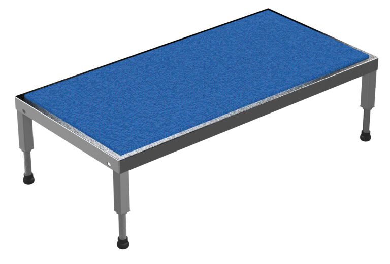 AHT-H-2448-SS_A.jpg The Vestil Adj Ss Stand 10.5-16.5 H 24W X 48L boasts a textured blue rectangular metal table with four black adjustable legs and a sleek metallic frame, making it simple yet functional for diverse applications.