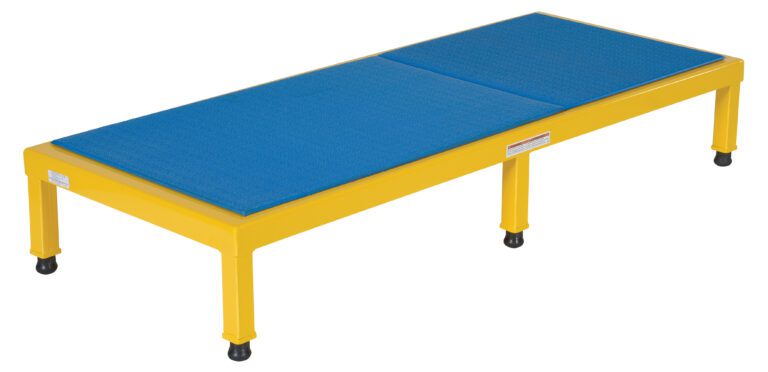 AHT-H-2460_A.jpg The Vestil Adjustable Steel Stand, with dimensions 10.5-16.5 H and 24 X 60, features a sturdy yellow frame and a blue textured rectangular platform supported by four legs with black feet, making it perfect for industrial or fitness applications.