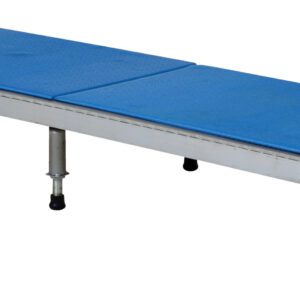 The Vestil Adj Alum Stand 9.5-15.5 H 24 X 72 is a rectangular metal platform with six adjustable legs (9.5 to 15.5) and a blue cushioned top divided into two sections, ideal for support or elevation in various applications.