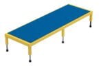 The Vestil Adj Steel Stand 10.5-16.5 H 24 X 72 is a rectangular table with a blue surface and yellow frame, featuring four adjustable legs with black feet, ideal for classrooms or workspaces, and displayed on a plain white background.