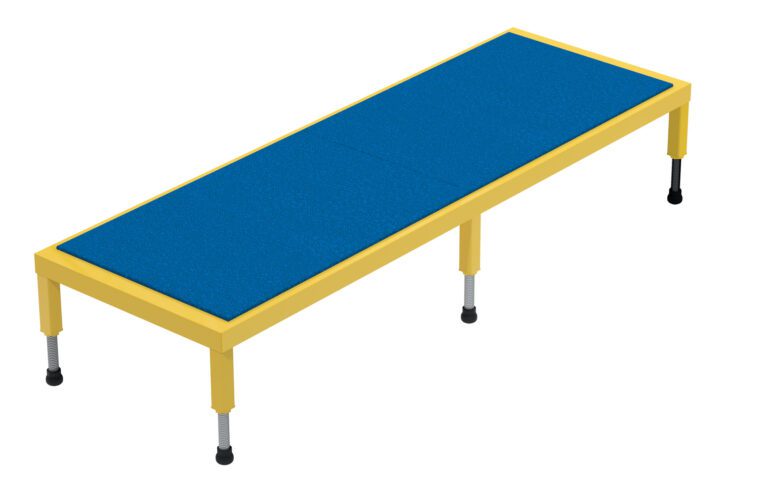 The Vestil Adj Steel Stand 10.5-16.5 H 24 X 72 is a rectangular table with a blue surface and yellow frame, featuring four adjustable legs with black feet, ideal for classrooms or workspaces, and displayed on a plain white background.