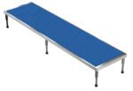 A rectangular blue tabletop with a textured surface sits on four adjustable metal legs, resembling the Vestil Adj Alum Stand 9.5-15.5 H 24 X 96, forming a sleek conference or display table against a pristine white backdrop.