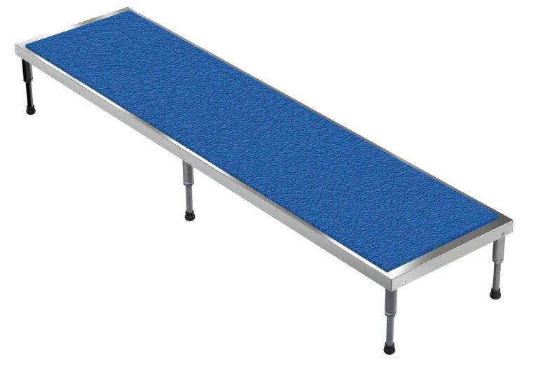 AHT-H-2496-A_A.jpg A rectangular blue tabletop with a textured surface sits on four adjustable metal legs, resembling the Vestil Adj Alum Stand 9.5-15.5 H 24 X 96, forming a sleek conference or display table against a pristine white backdrop.