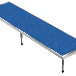 A rectangular blue tabletop with a textured surface sits on four adjustable metal legs, resembling the Vestil Adj Alum Stand 9.5-15.5 H 24 X 96, forming a sleek conference or display table against a pristine white backdrop.