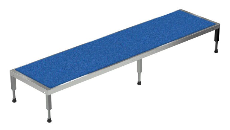 AHT-H-2496-SS_A.jpg The Vestil Adj Ss Stand 10.5-16.5 H 24W X 96L is a long, rectangular table with a blue textured surface and silver metal legs, featuring adjustable feet with black bases for stability on various surfaces.