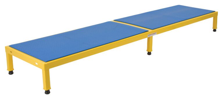 A sleek, low bench with a yellow metal frame and two blue cushions atop, similar to the versatile Vestil Adj Steel Stand 10.5-16.5 H 24 X 96, it rests on four legs featuring black wheels for easy movement.