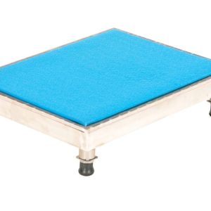 The Vestil Adjust Alum Stand 5.75-7.75 H 19X24 boasts a bright blue textured metal platform with four black rubber-tipped legs, providing a simple yet functional design suitable for versatile use against any backdrop.