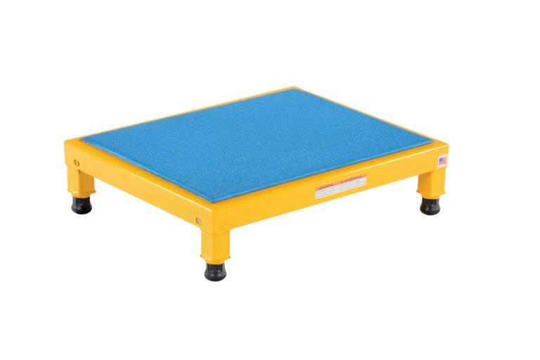 AHT-L-1924_A.jpg The yellow steel step stool, with its blue non-slip surface and four rubber-capped legs, offers stability reminiscent of the Vestil Adjust Steel Stand 6.75-8.75 H 19 X 24 in design and reliability.