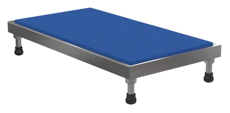 The Vestil Adjust Alum Stand 5.75-7.75 H 19X36 features a blue-textured rectangular platform on metal legs with adjustable bases, offering a sturdy and modern design for versatile use.