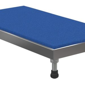 The Vestil Adjust Alum Stand 5.75-7.75 H 19X36 features a blue-textured rectangular platform on metal legs with adjustable bases, offering a sturdy and modern design for versatile use.