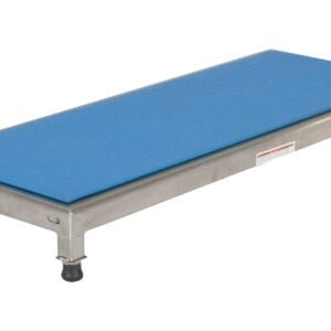 A rectangular platform with a blue cushioned top and sturdy metal frame, similar to the Vestil Adjust Ss Stand 6.75-8.75 H 19 X 48, features four black rubber-tipped legs and a side label, resembling a grooming table or low bench.