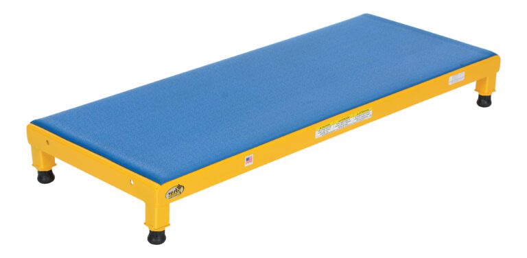AHT-L-1948_A.jpg A low rectangular exercise step platform features a blue non-slip top and yellow frame, evoking the stability of the Vestil Adjust Steel Stand 6.75-8.75 H 19 X 48, with four black rubber feet for firm support.