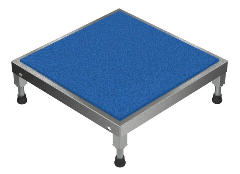 The Vestil Adjust SS Stand 6.75-8.75 H 24 X 24 features a sturdy square platform with a textured blue surface, metallic edges, and black rubber-tipped adjustable legs, providing height flexibility from 6.75 to 8.75 inches on a robust 24 x 24-inch base.