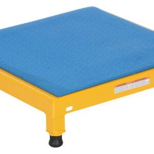 The Vestil Adjust Steel Stand 6.75-8.75 H 24 X 24 is a yellow, rectangular industrial platform with four legs and black rubber feet, featuring a blue textured mat on top. It adjusts from 6.75 to 8.75 in height, providing sturdiness and durability for various applications.