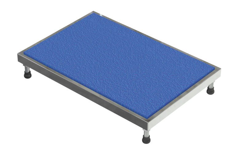 Similar in sturdy design to the Vestil Adjust Alum Stand 5.75-7.75 H 24X36, this rectangular stainless steel platform scale features a textured blue rubber mat and four adjustable feet for stability, providing a reliable solution for industrial or laboratory use.