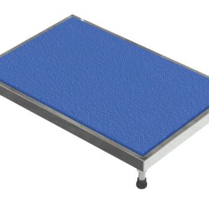 Similar in sturdy design to the Vestil Adjust Alum Stand 5.75-7.75 H 24X36, this rectangular stainless steel platform scale features a textured blue rubber mat and four adjustable feet for stability, providing a reliable solution for industrial or laboratory use.