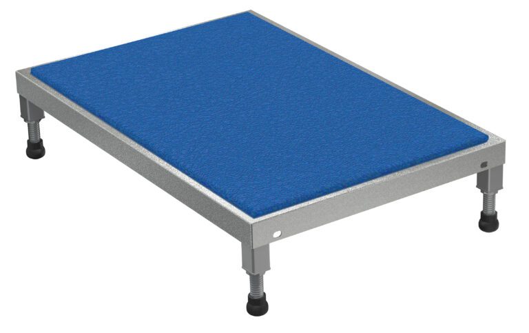 The Vestil Adjust SS Stand elevates workouts with its blue cushioned step platform, sturdy metal frame, and adjustable legs from 6.75 to 8.75 inches high, perfectly sized at 24 x 36 inches.