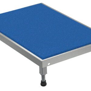 The Vestil Adjust SS Stand elevates workouts with its blue cushioned step platform, sturdy metal frame, and adjustable legs from 6.75 to 8.75 inches high, perfectly sized at 24 x 36 inches.