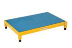 A blue and yellow rectangular pet training platform with four sturdy black feet resembles the Vestil Adjust Steel Stand 6.75-8.75 H 24 X 36, featuring a blue surface and an elevated yellow frame adjustable in height from 6.75 to 8.75 inches, measuring 24 x 36 inches overall.