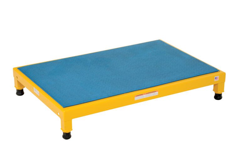 AHT-L-2436_A.jpg A blue and yellow rectangular pet training platform with four sturdy black feet resembles the Vestil Adjust Steel Stand 6.75-8.75 H 24 X 36, featuring a blue surface and an elevated yellow frame adjustable in height from 6.75 to 8.75 inches, measuring 24 x 36 inches overall.