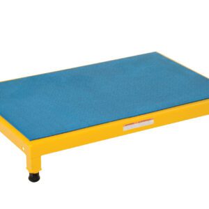 A blue and yellow rectangular pet training platform with four sturdy black feet resembles the Vestil Adjust Steel Stand 6.75-8.75 H 24 X 36, featuring a blue surface and an elevated yellow frame adjustable in height from 6.75 to 8.75 inches, measuring 24 x 36 inches overall.