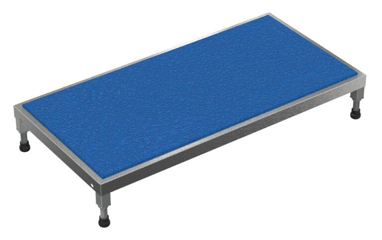 The Vestil Adjust Ss Stand 6.75-8.75 H 24 x 48 features a rectangular metal platform with a blue textured surface, supported by four adjustable legs, allowing customization between heights of 6.75 and 8.75 inches for versatile use.