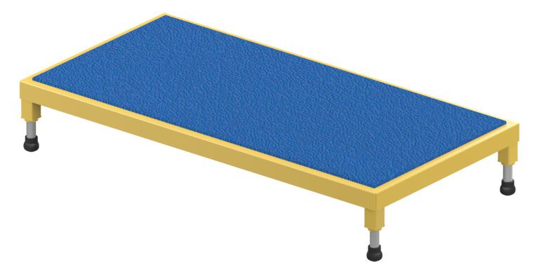 AHT-L-2448_A.jpg The Vestil Adjust Steel Stand 6.75-8.75 H 24 X 48 features a yellow frame, blue textured surface, adjustable legs (6.75 to 8.75 inches), and black rubber feet on a stable 24 x 48-inch base.