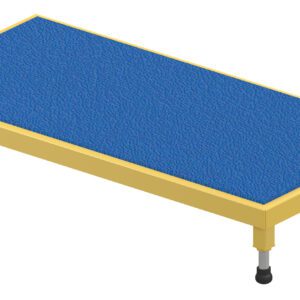 The Vestil Adjust Steel Stand 6.75-8.75 H 24 X 48 features a yellow frame, blue textured surface, adjustable legs (6.75 to 8.75 inches), and black rubber feet on a stable 24 x 48-inch base.